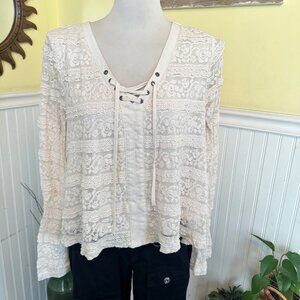 Blu Pepper L cream White lace Poet Blouse corset lace up bell sleeves
